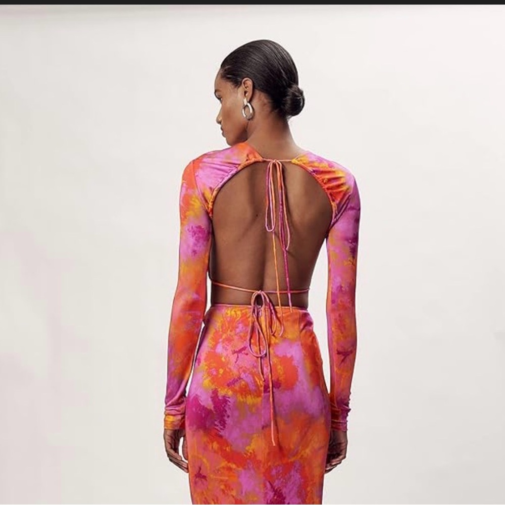 Ronny Kobo Collection Tiffin sunset tie dye Pink and Orange Long Sleeve Crop Top
